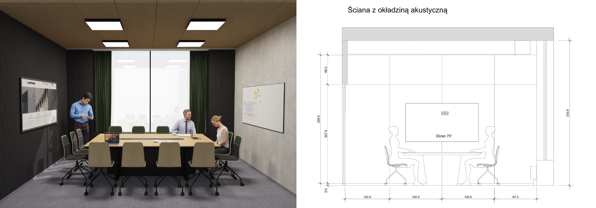 Ergonomiczna sala konferencyjna (wizualizacje + rysunki techniczne)