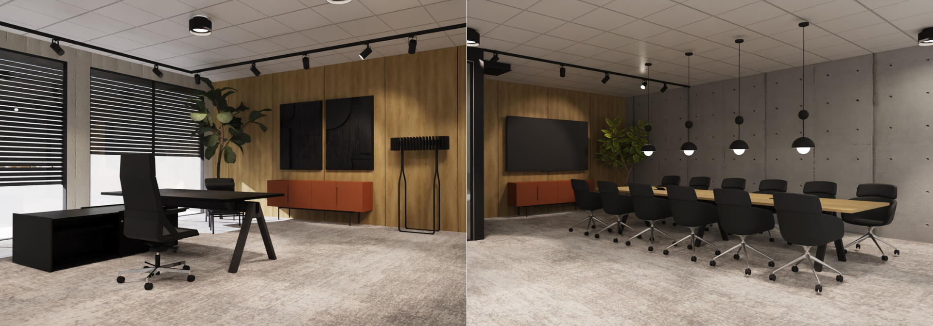 Biuro zarządu w eleganckim, surowym stylu