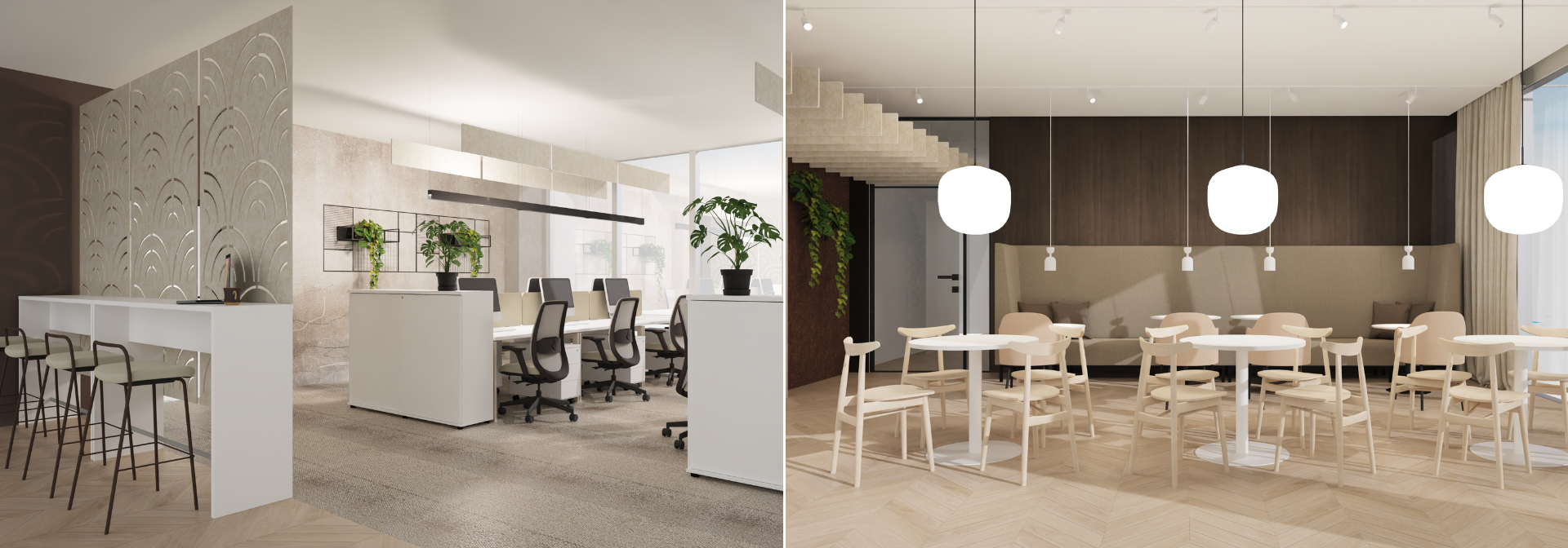 Nowoczesne biuro z jadalnią w naturalnej palecie barw